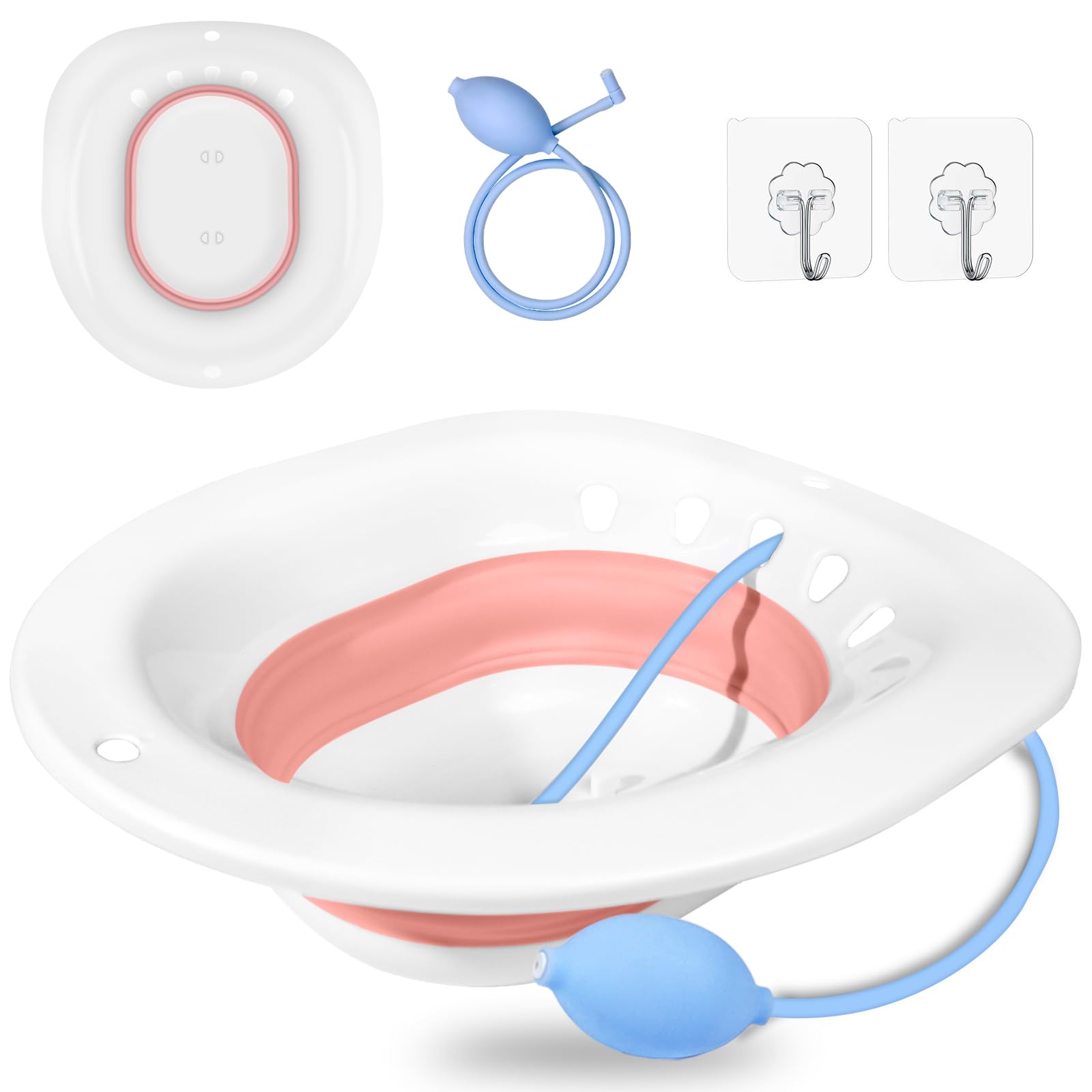 DMSELL Foldable Sitz Bath for Toilet with Flusher, Portable Flush Seat Sitz Bath for Postpartum Care, and Hemorrhoids with 2 Hanging Hooks (Pink)