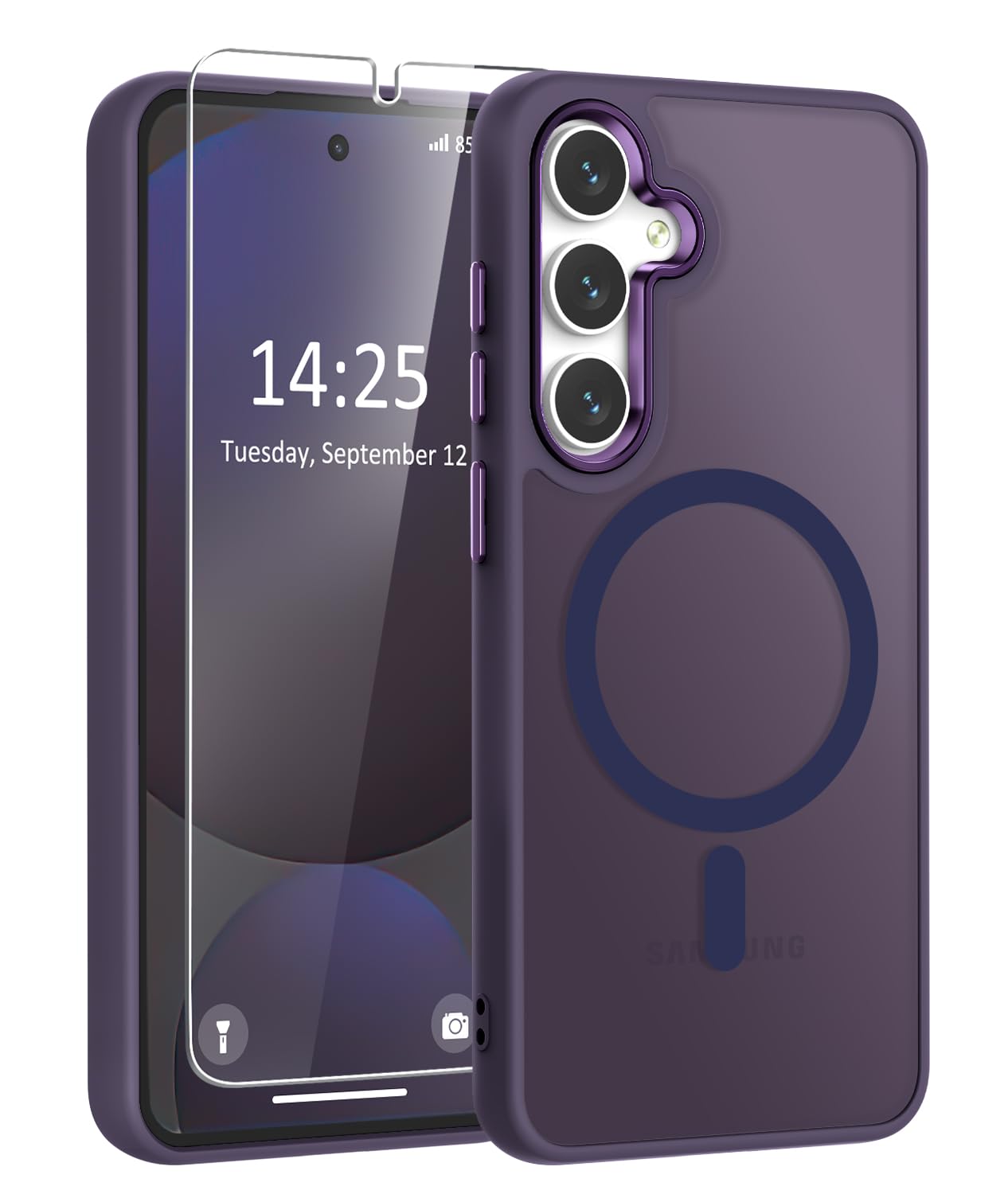 Photo 1 of WRJ for Samsung Galaxy S25 Case,Galaxy S24 Case with Screen Protector,[Compatible with Magsafe] Magnetic Slim Matte Translucent Phone Case Women Men Shockproof Protective Cover-Dark Purple