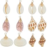 PH PandaHall 36pcs Shell Pendants 6 Styles Spiral Seashells Craft Charms with 18K Gold Plated Copper Wire Wrapped Natural Shell Charms for Halloween Earrings Summer Beach Jewelry Making
