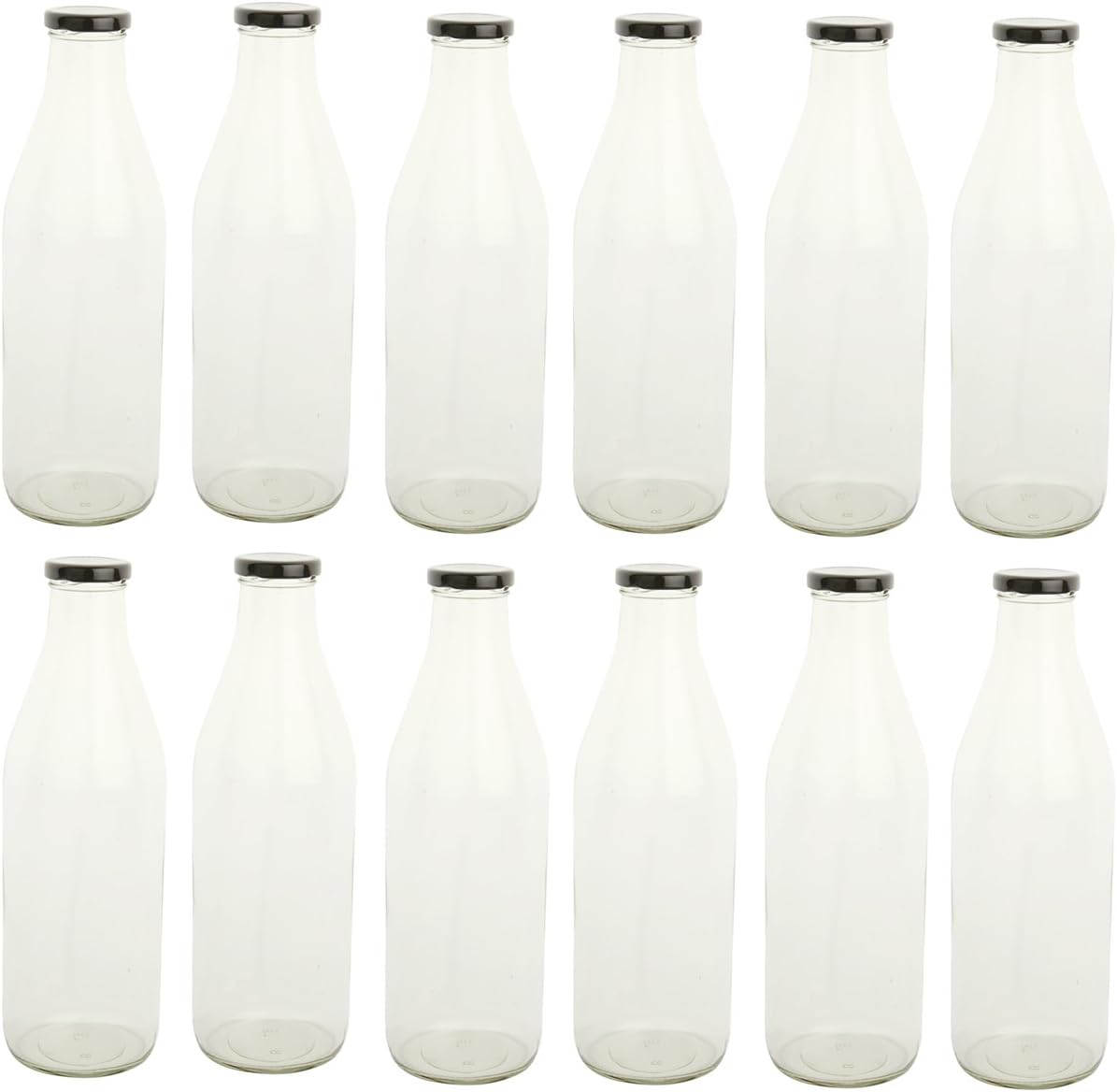 FAVOLABTL0230 Milk, Water and Juice Glass Bottle with Air Tight Black Cap - 300ml (Pack of 12) - (Transparent)
