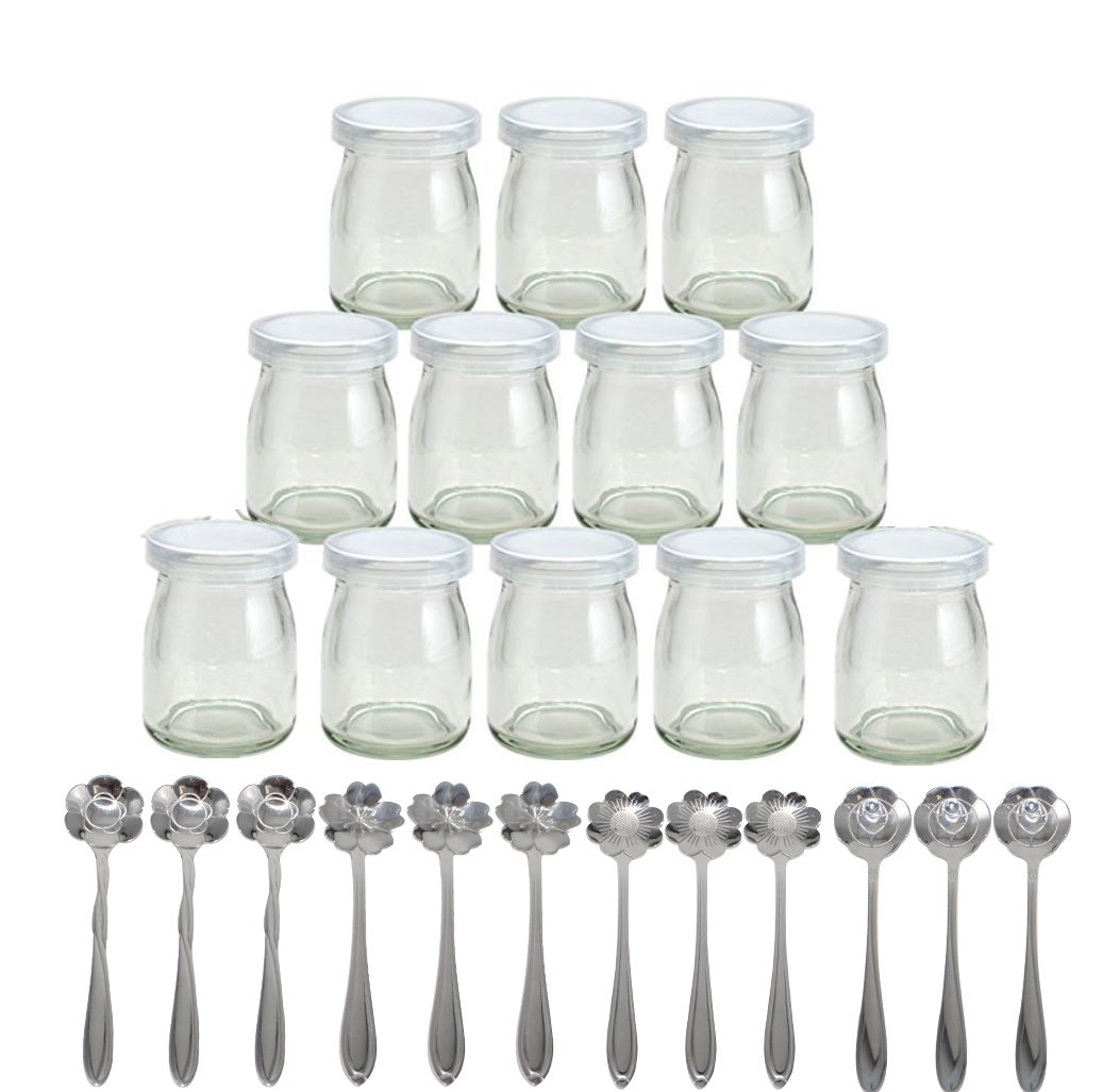 Tikwisdom 1set (12 Jars with 12 Flower-Type Dessert Spoon) Yoghurt Jars Pudding Jar with Lid Replacement Glass Jars for 100ml