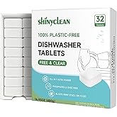 Shinyclean 100% Plastic-Free Dishwasher Tablets, Free &amp; Clear, 32 Count | All-in-One Dishwashing Pods, Enzyme-Powered for Stuck-On Food, Phosphate &amp; Dye Free, Sparkling Shine