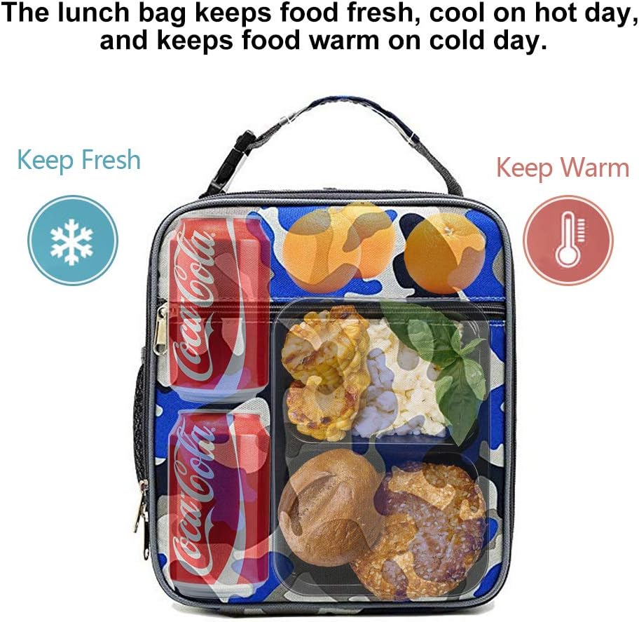 IWTTWY Insulated Lunch Bag Camo Cooler Bag Portable Carrying Lunch Box Bag for Boys Girls Women Men to School Office Outdoor (Camo Blue) - Image 4