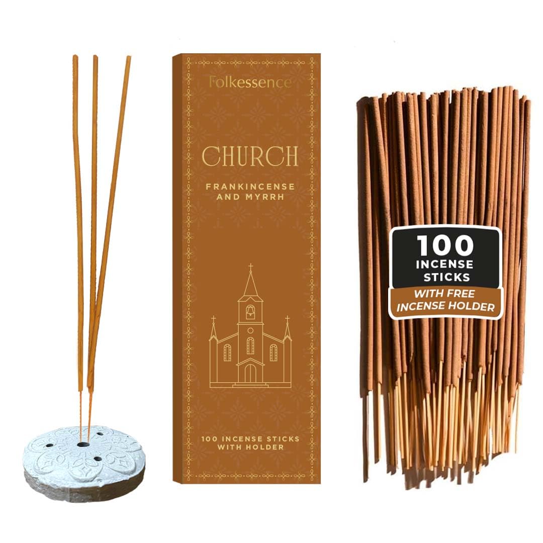 Folkulture Church Incense Sticks with Holder (100 Sticks) | Frankincense & Myrrh Catholic Incense Stick for Prayer, Daily Worship | No Charcoal,Organic,Non Toxic, 45 Mins, Long Burning Insence-Sticks