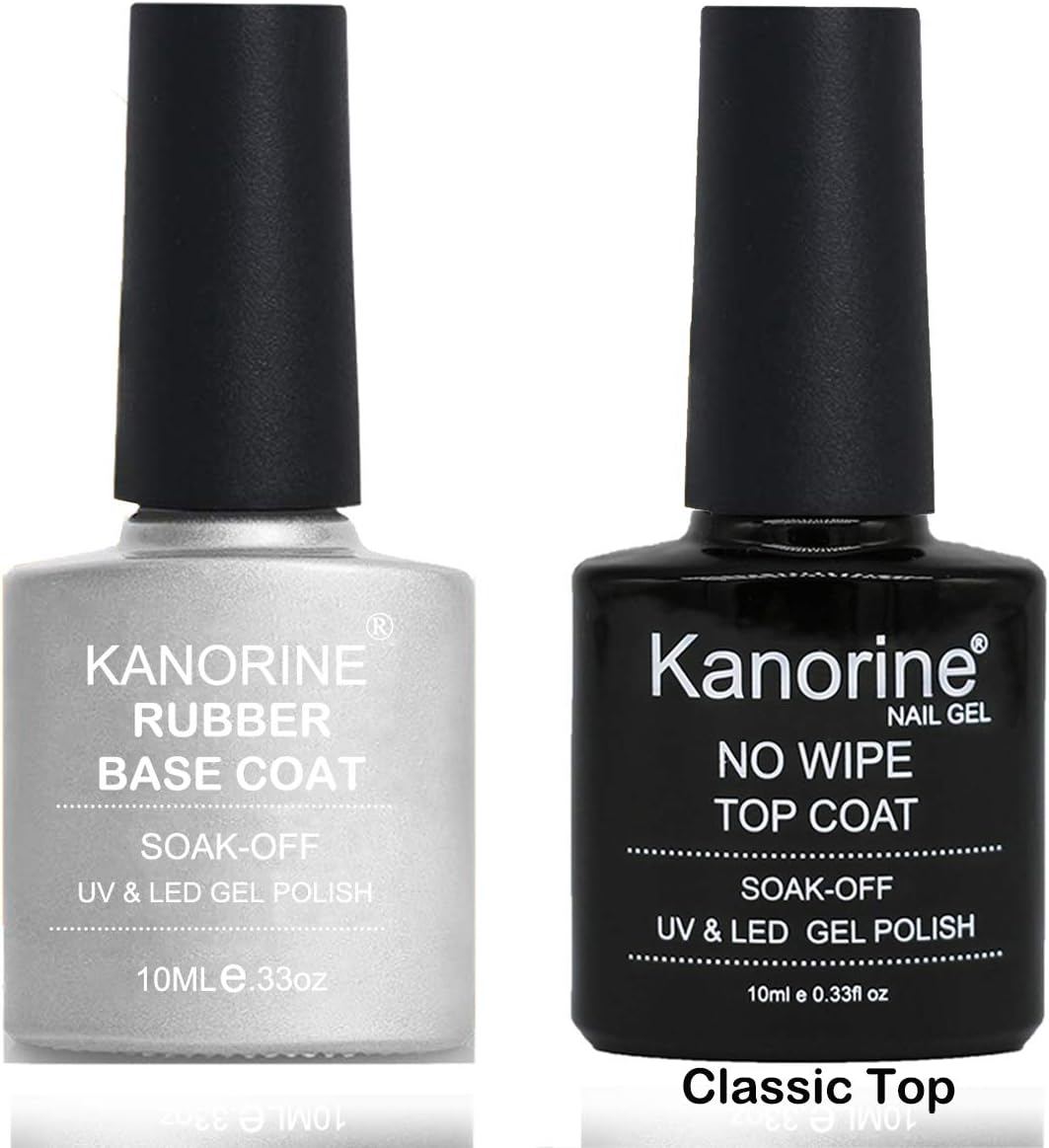 Kanorine Rubber Base Coat &Classic Top Coat Set UV/LED Soak-Off no wipe Gel Nail Polish Varnish Manicure 10mlx2