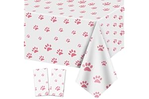 QUERICKY 2 Pack Puppy Paw Print Tablecloth, 51x87'' Pink Plastic Disposable Table Cover for Pet Themed Party Decorations for Cat Dog Birthday Party Supplies Lets Pawty Party Supplies Pet Shower Party Decor