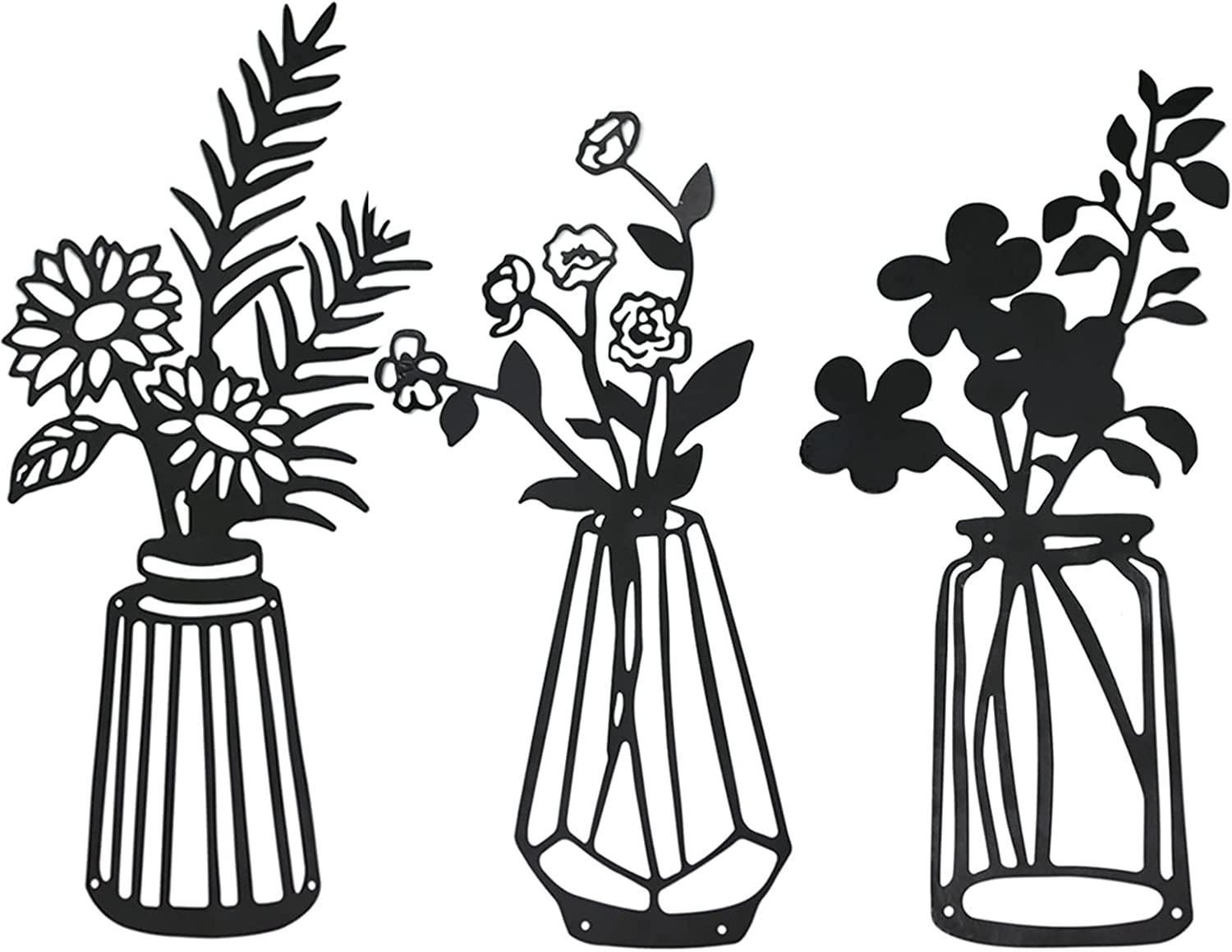 Larber 3 Pieces Metal Flowers Wall Decor Black Metal Wall Art Metal Floral Wall Sculpture for Patio Balcony Living Room Bathroom Bedroom Dining Room Kitchen Decorations