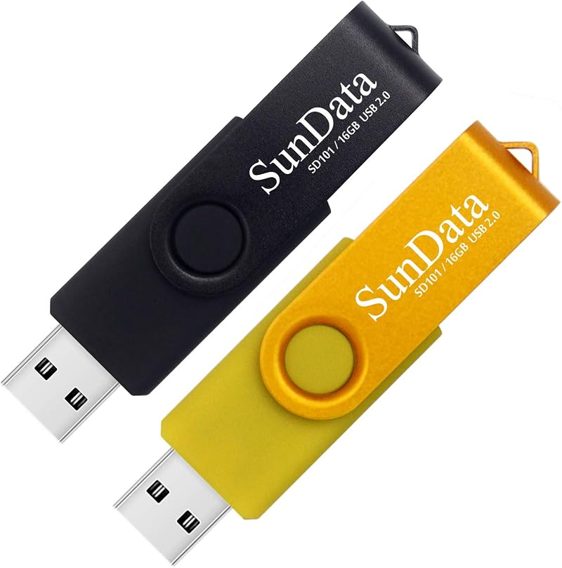 SunData 16GB USB 2.0 Flash Drive 2 Pack Swivel Design Pen Drive Black Gold