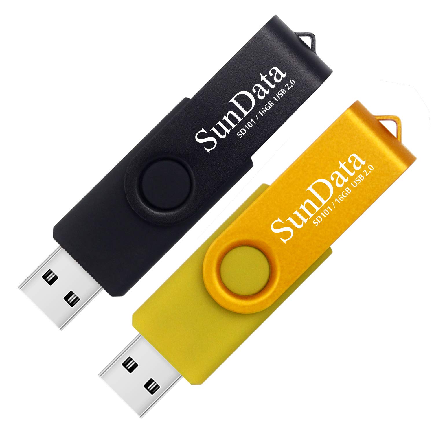 SunData 16GB Memory Stick 2 Pack USB 2.0 Flash Drive Swivel Design Thumb Drives USB Stick Pen Drive for Data Storage with LED Light (2 Colors: Black Gold)