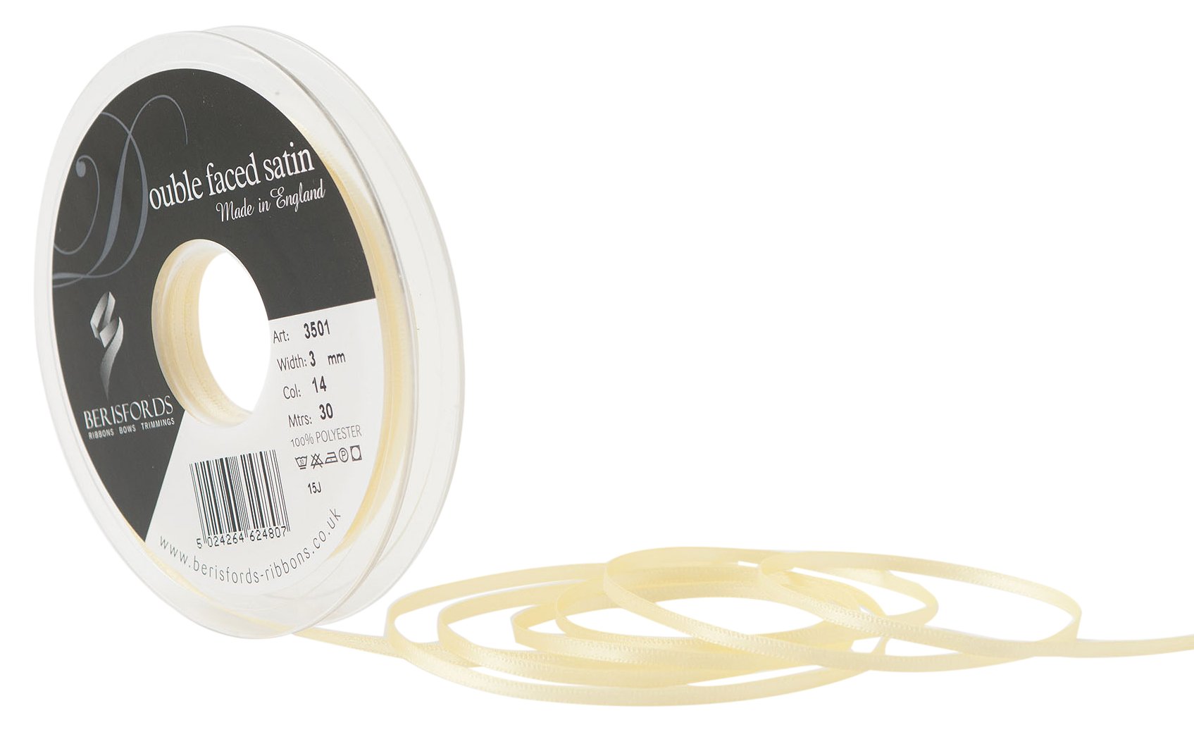 Berisfords Double FACE Poly Satin Ribbon, Pale Lemon, 10.5x10.5x1.3 cm