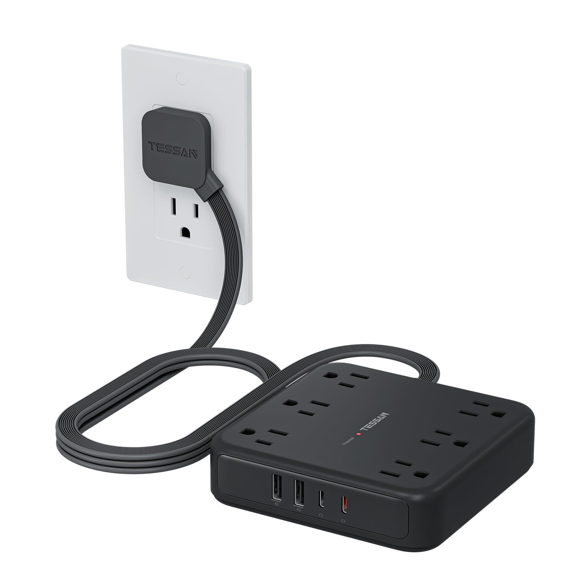 Photo 1 of TESSAN Black Extension Cord with Fast Charger, Surge Protector Power Strip with 6 Outlets and 4 USB Ports (2 USB C), 2100 Joules Protection, Flat Plug, Multi Outlet Extender for Home, Office, Dorm