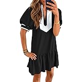 Wenrine Womens Summer Mini Dress Casual Short Puff Sleeve V Neck Color Block Loose Beach A Line Dresses with Pockets