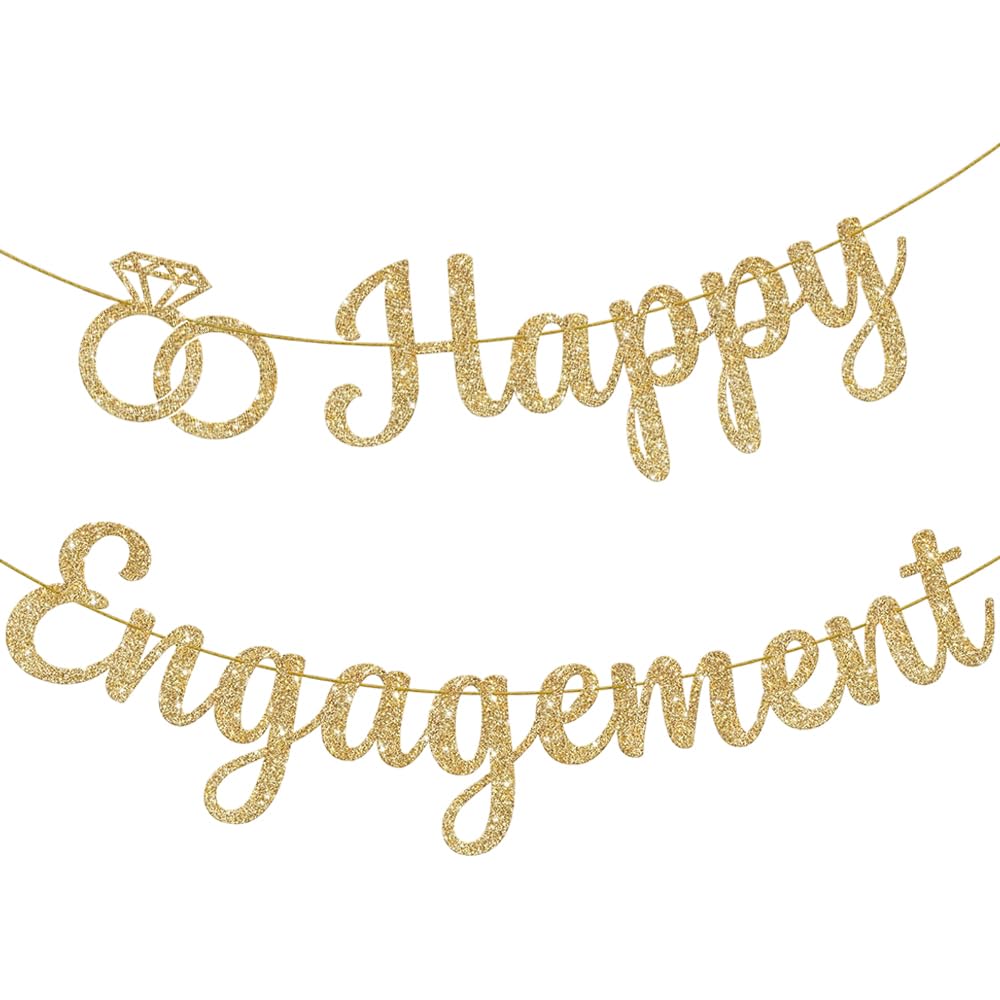 Glitter Happy Engagement Banner Gold Happy Engagement Party Decorations No DIY Engaged Bunting Letters & Diamond Ring with 3M Rope for Proposal Engagement Party