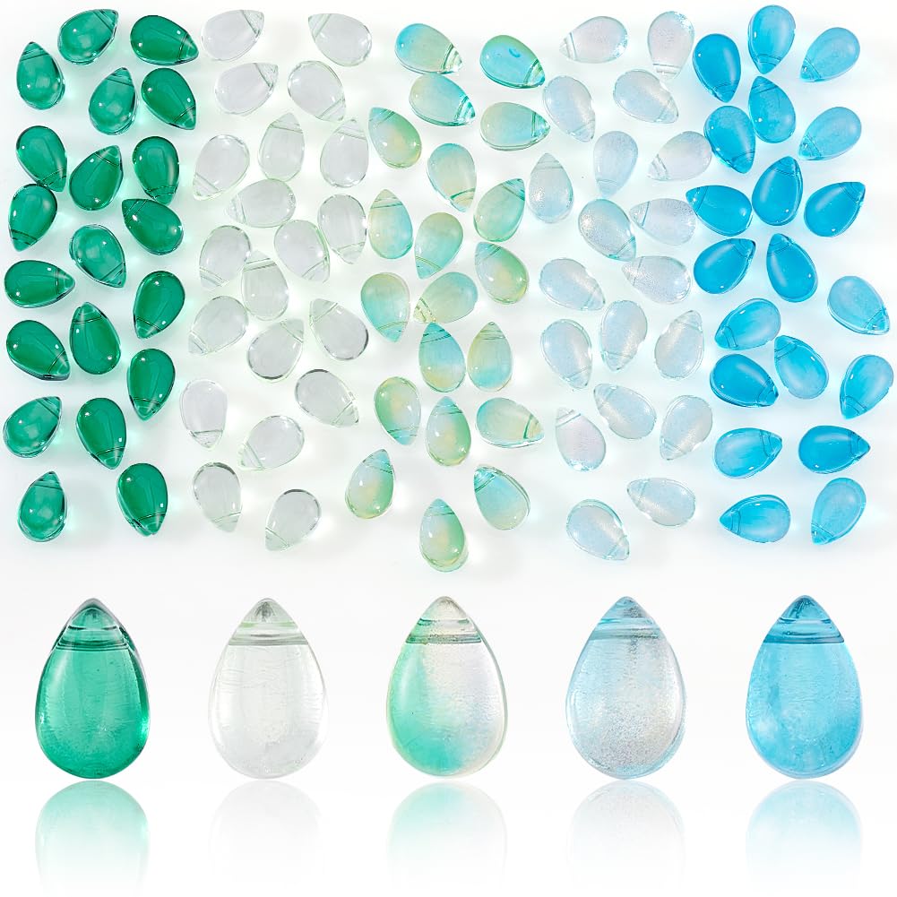 AHANDMAKER 100 Pcs Teardrop Czech Glass Beads, 5 Colors Transparent Crystal Bead with Gold Glitter Water Drop Loose Pendants Beads for DIY Necklace Earring Bracelet Jewelry Making, Blue&Green — image 1
