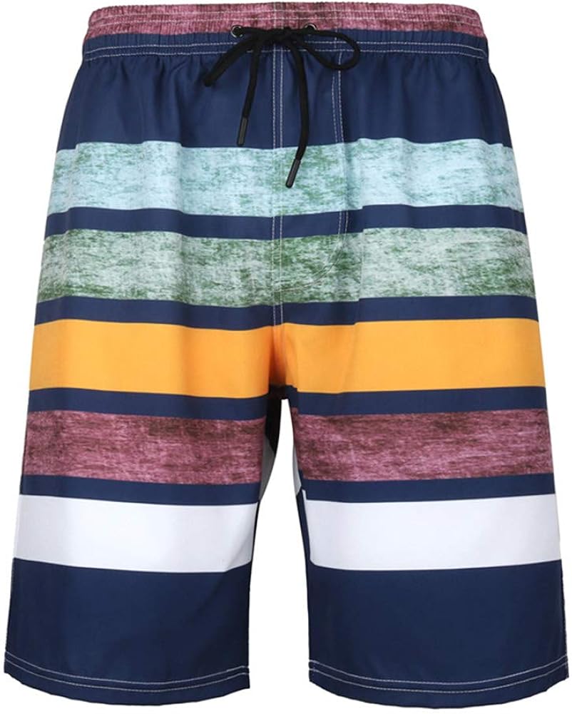Colourful Striped Print Men's Summer Swimming Trunks, Elasticated Waist