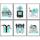 Glam Blue Wall Decor - High Fashion design - Designer Perfume, Shoes, Handbags - Glamour Wall Art Gift for Women, Girls Bedroom, Teens Room - Luxury Couture Poster Print Picture Set of 6