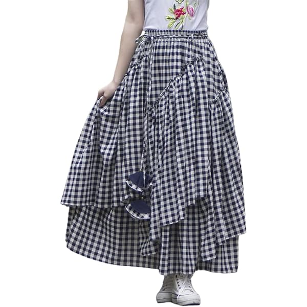 Y2K Women Plaid Tiered Maxi Skirt Elastic High Waist Gingham Y2K Women Plaid Tiered Maxi Skirt Elastic High Waist Gingham