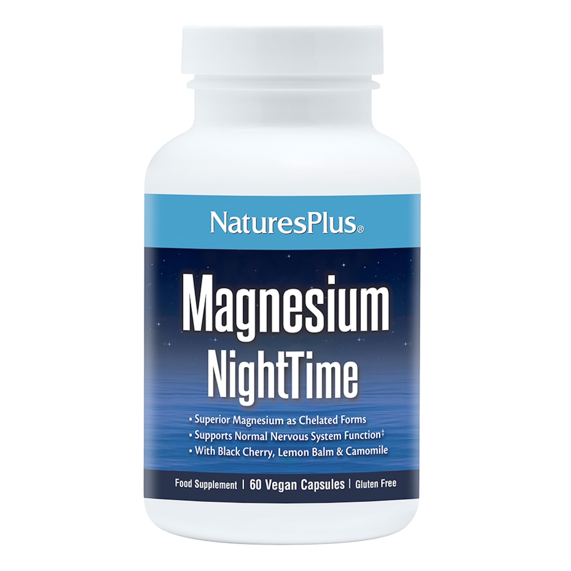 NaturesPlus Magnesium Night Time - Magnesium Glycinate and Taurate Supplement with L-Theanine, Ashwagandha, Lemon Balm, B6, Hops - Vegan, Gluten Free - 60 Capsules