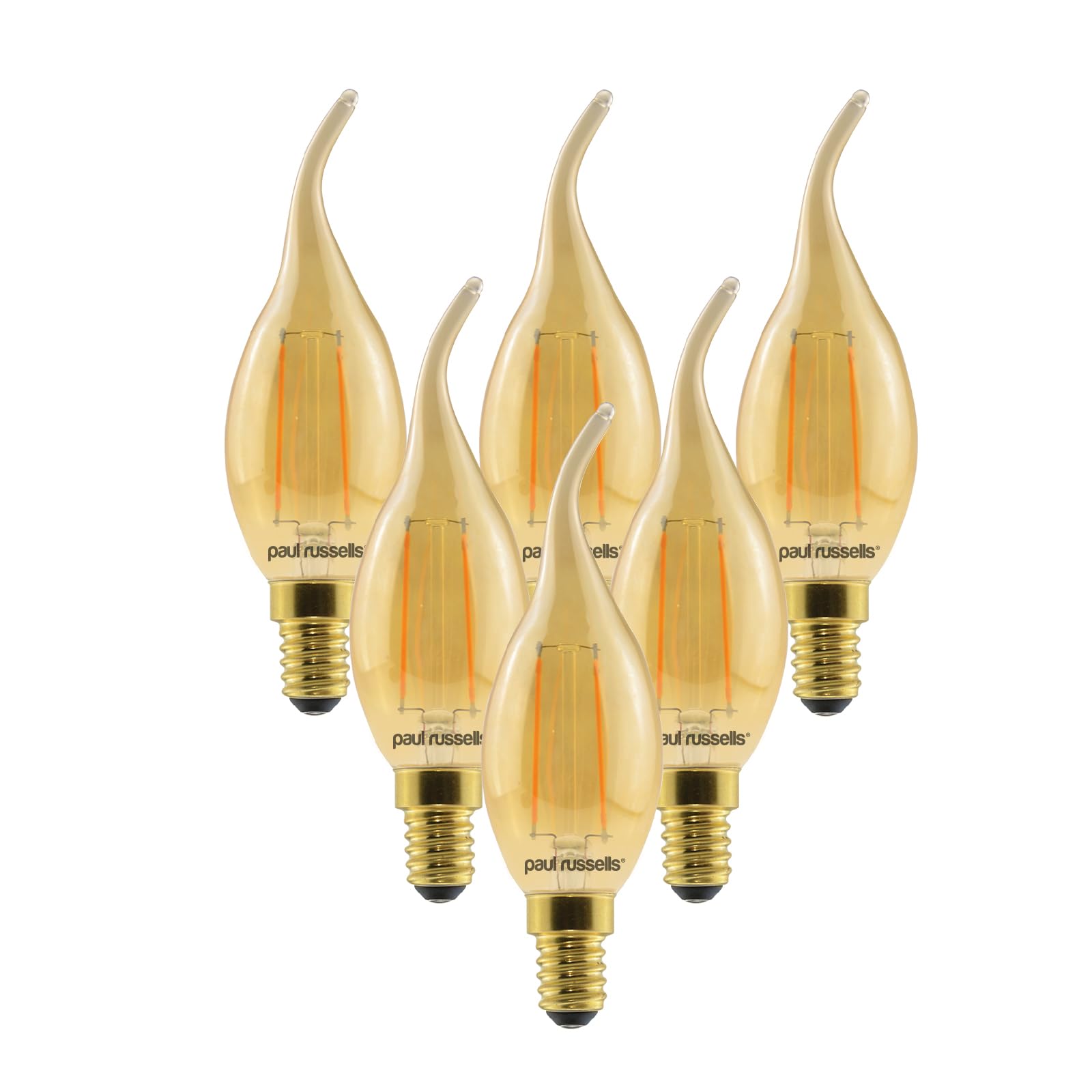 paul russells LED Filament Flame Candle Light Small Edison Screw E14, 20watt Equivalent, C35T Lamp 2.5W 200LM Lumens, 2200K Amber Bulbs, Energy Saving SES Chandelier Bent-Tip Lightbulbs, Pack of 6