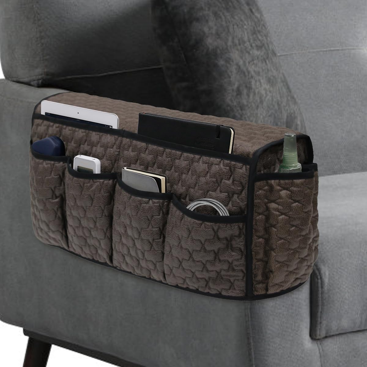 Photo 1 of DECKALY TV Remote Control Holder for Armchair, Arm Chair Caddy for Recliner 14 Pockets, Non-Slip Sofa Armrest Organizer Storage for Cell Phone TV Remote Control Magazines (Brown)
