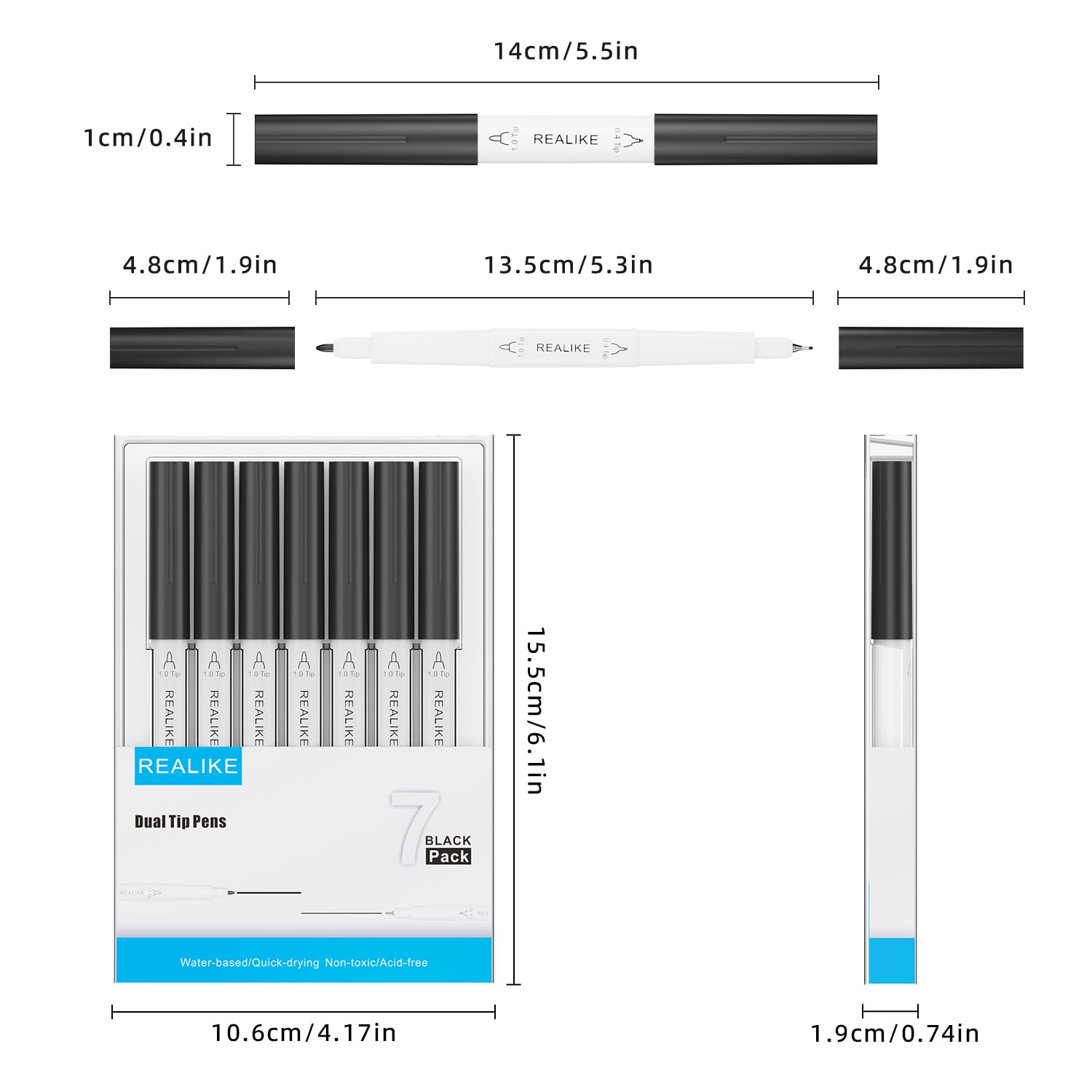 REALIKE Dual Tip Pens Compatible with Cricut Maker 3/Maker 4/Maker/Explore 3/4/Air 2/Air, Black Pens Set of 7 Pack Dual Tip Marker Fine Point Pen Writing Drawing (0.4 Tip & 1.0 Tip)