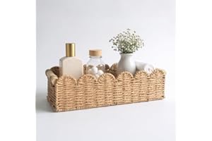 Scalloped Toilet Paper Basket: Bathroom Storage Organizer with Wooden Handles — Frame Wicker Basket for Bathroom Living Room 