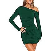 IYOWEL Women's Sexy Off Shoulder Dress Long Sleeve Bodycon Ruched Going Out Cocktail Party Short Mini Dresses