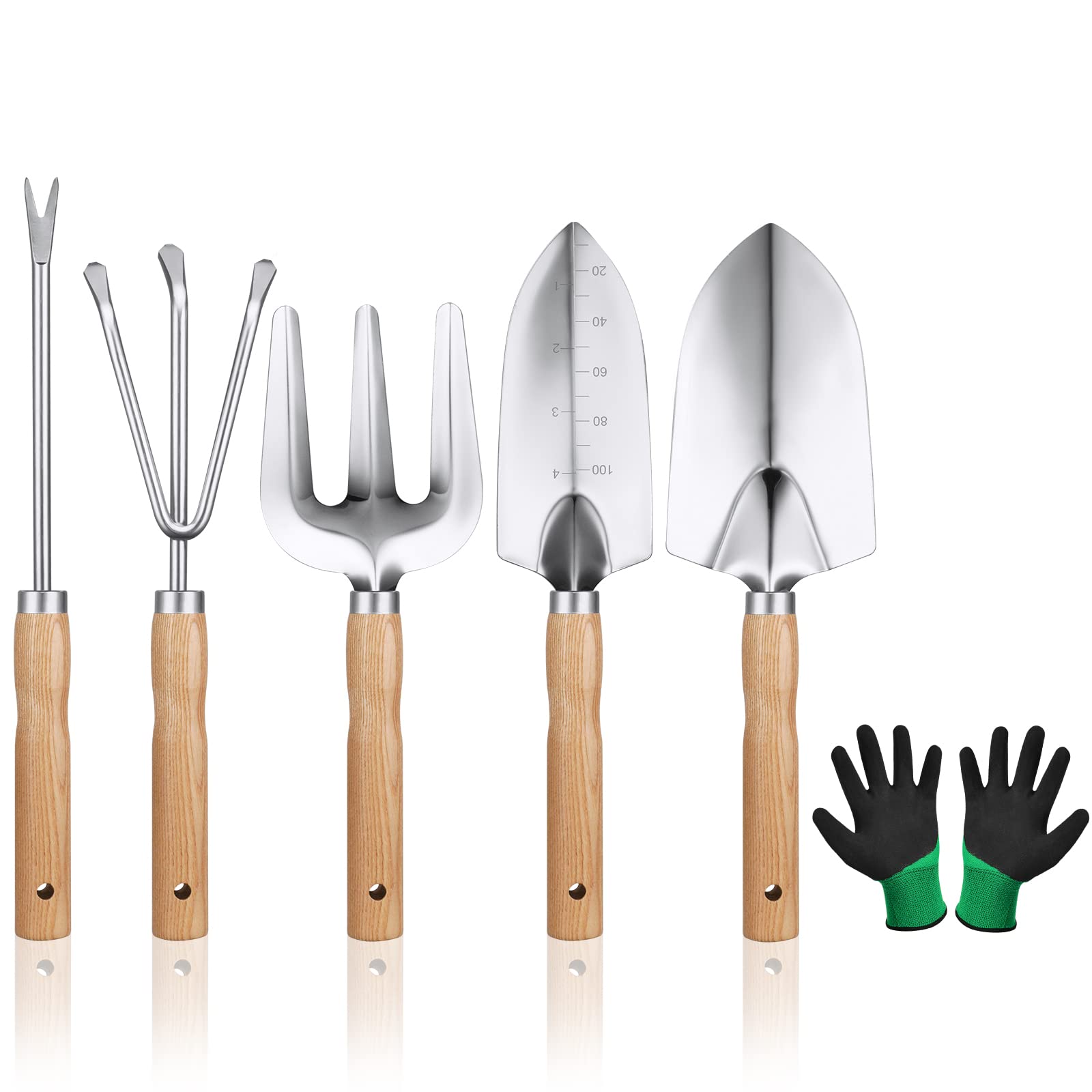 OFFCUP Gardening Tools Set, 6pcs Garden Tools, Gardening Hand Tool with Ergonomic Handles Including Broad Spade, Pointed Spade, Root Picker, Rake, Three-fingered Fork and a Pair of Gloves