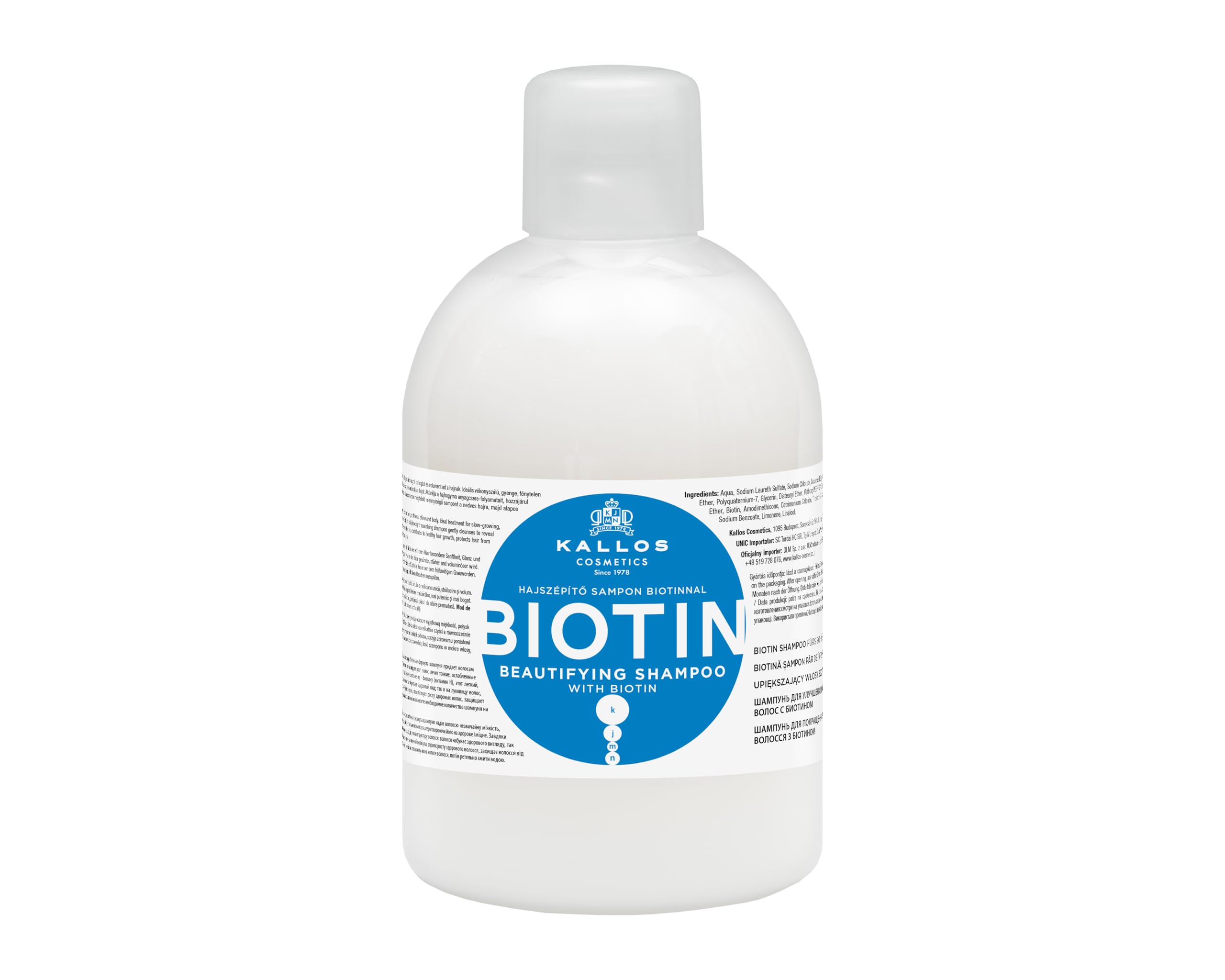 Kallos Cosmetics KJMN Biotin Beautifying Shampoo for Dry, Damaged and Fragile Hair, Helps Reduce Breakage, Moisturises, Strengthens the Roots and Improves Scalp Condition with Coconut Oil - 1L