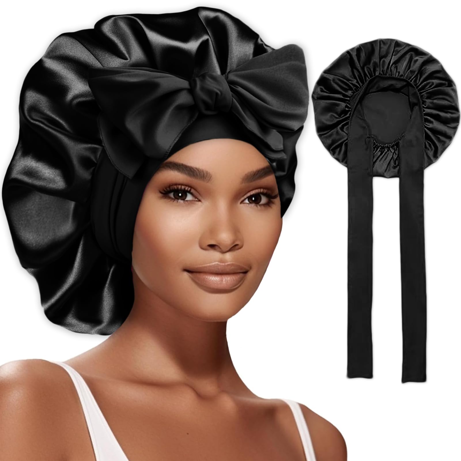 NICECONE Large Satin Bonnet Silk Bonnet for Sleeping, Silky Sleep Cap with Elastic Tie Jumbo Sleeping Cap with Adjustable Wide Soft Bands Night Cap for Women Girls Curly Hair (Black)