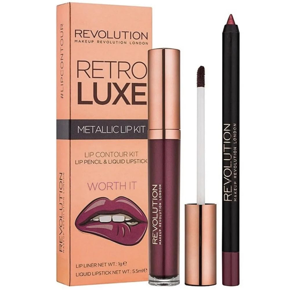 MAKEUP REVOLUTION Worth It Retro Luxe Metallic Lip Kit, Pack of 2