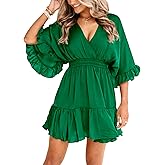 Aoysky Womens V Neck Casual Dresses Summer Loose High Waist Ruffle Pleated Cute Mini Short Dress