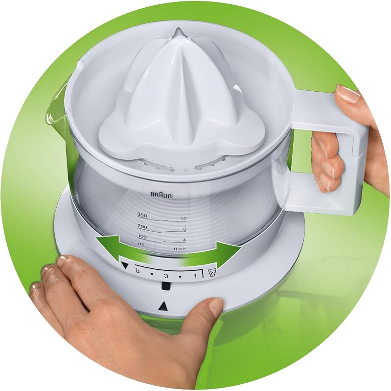 CJ3000 WH - Exprimidor Eléctrico de Naranjas, 20 W, 350 ml, Cantidad de Pulpa Ajustable, Apto para Lavavajillas, Diseño Icónico, Blanco