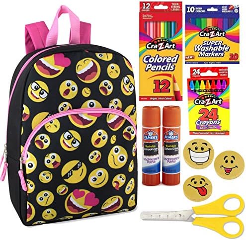 Emoji Smiley Faces Kids Backpack for girls or boys - 56 Count School Craft Supplies Bundle.