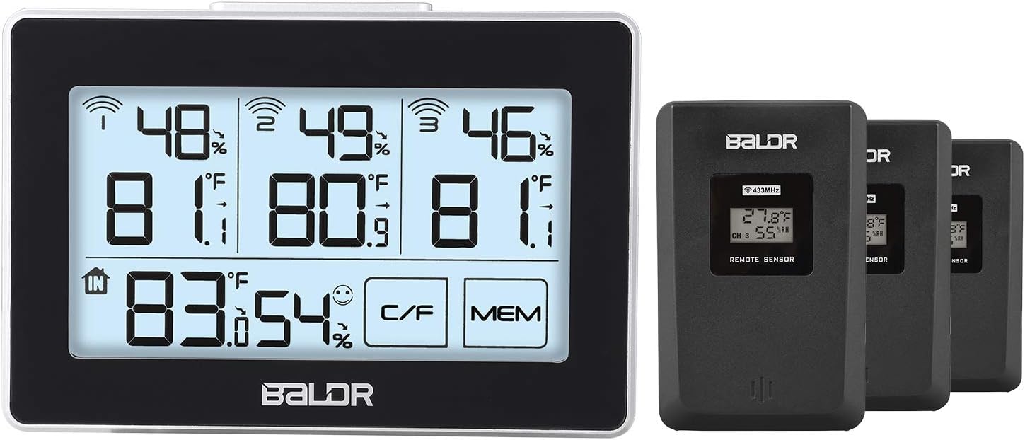 Zeonetak Digital Indoor Outdoor Thermometer Hygrometer Wireless with 3 Remote Sensors, Temperature Humidity Gauge for Baby Room Kitchen Greenhouse Touch LED Screen Arrow Trends °C/°F MIN/MAX Records