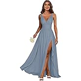 jdoiweidm Women’s V Neck Bridesmaid Dress Long Chiffon Pleated Ruffle Formal Evening Gown with Slit