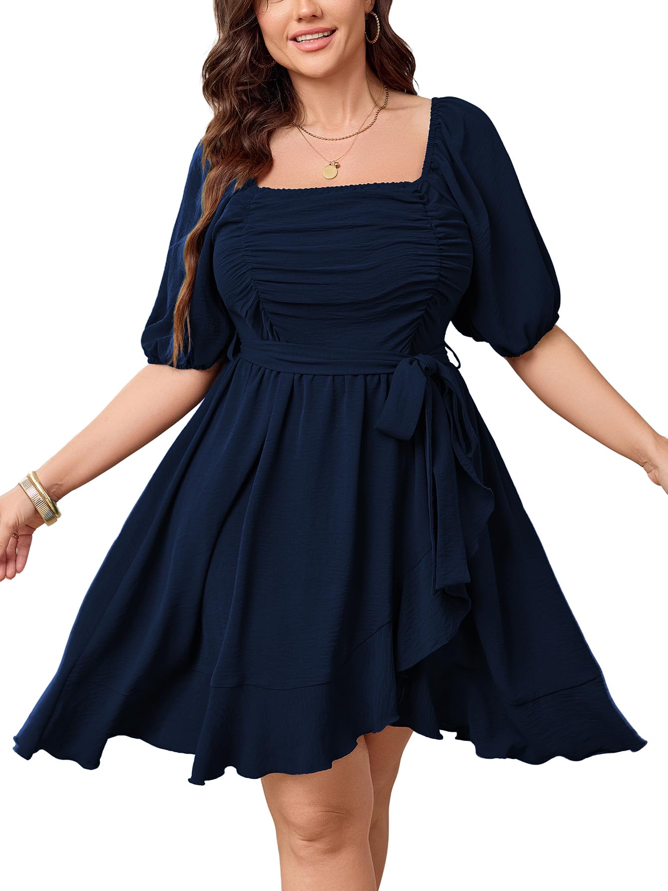 Photo 1 of CICIDUDU Womens Plus Size Summer Dresses Square Neck Puff Sleeve Ruched Short Formal Wedding Guest Dress Dark Blue SIZE 2XL
