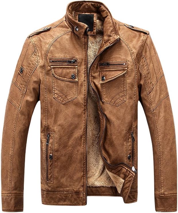 DOOXIUNDI Men's Winter Outwear Faux Leather Fleece Zipper up Jackets