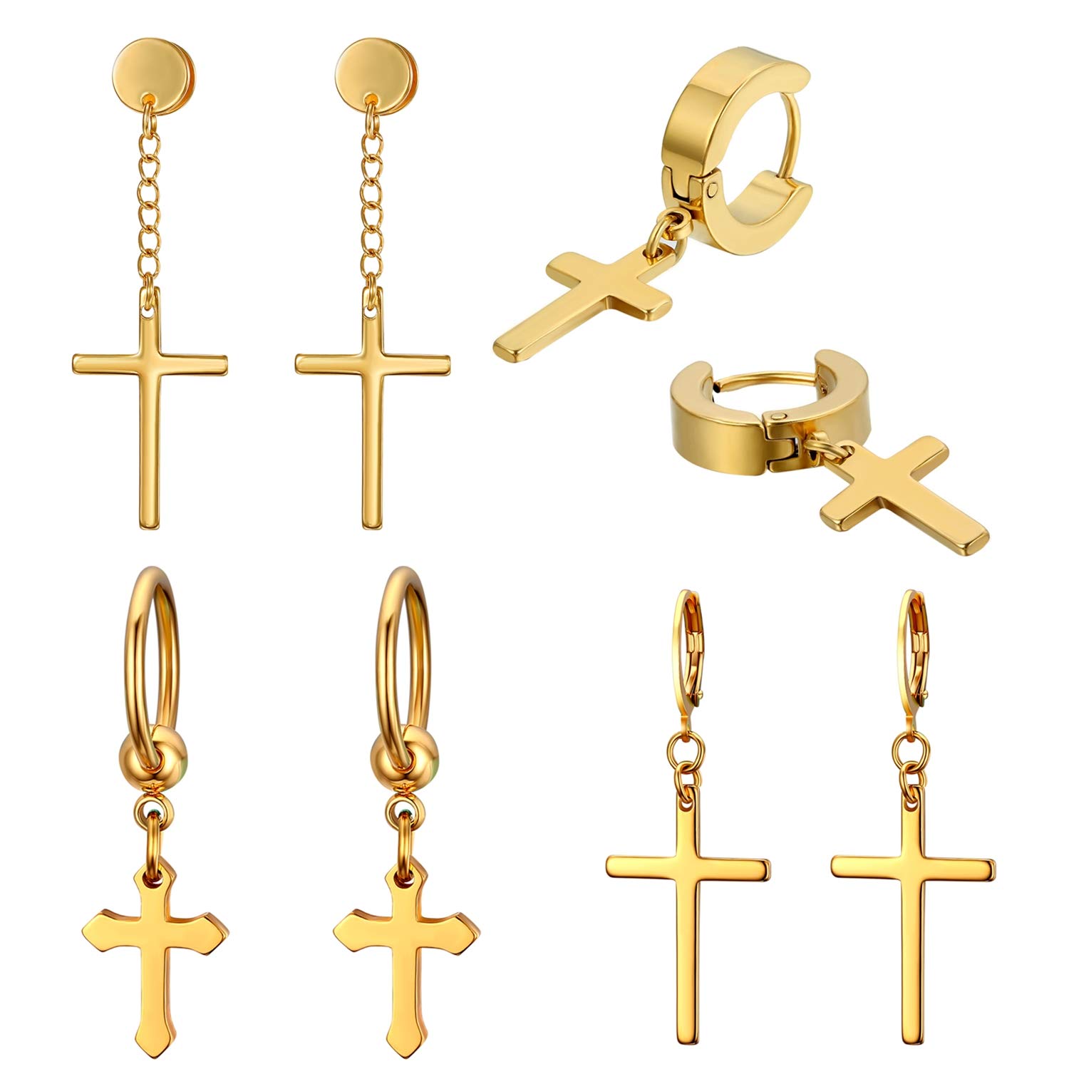 JewelryWe 4 Pairs Cross Earrings,Stainless Steel Hinged Hoop Cross Dangling Stud Earrings for Men Women(gold) — image 1