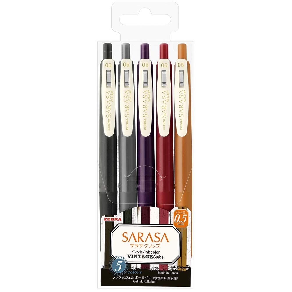 Zebra Sarasa JJ15-5C-VI2 0.5mm Gel Ink Ballpoint Pen with Rubber Grip Vintage Colours 5 Colours (Pack of 2)