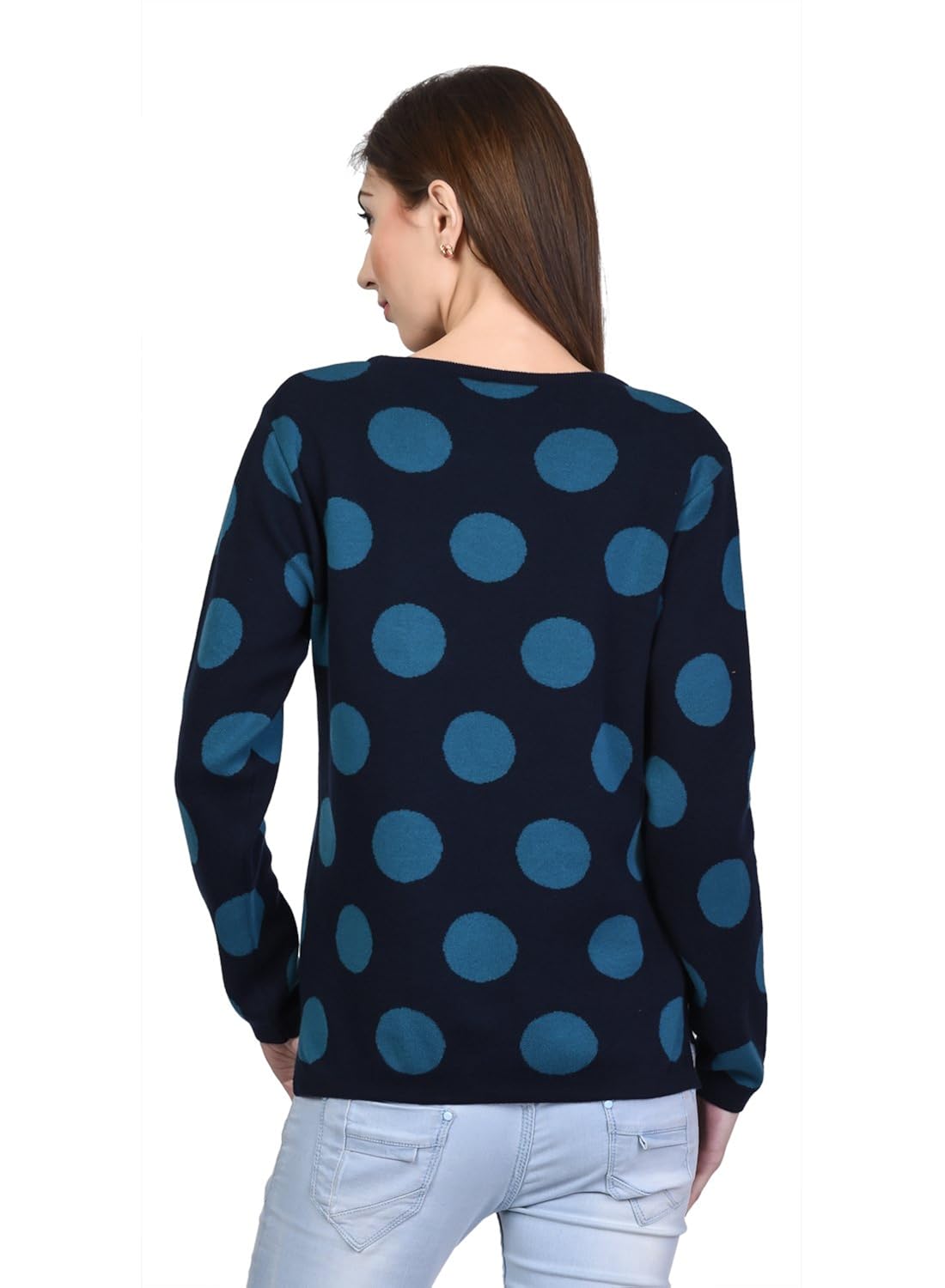 kalt women's round neck full sleeve polka cotton blend jacquard sweater (multicolour, small)