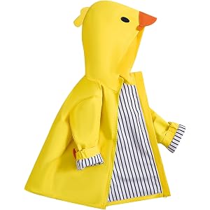 EFOWAY Toddler Baby Boy Girl Duck Raincoat, Cartoon Hoodie Zipper Jacket | Yellow Rain Jacket Striped Lining Waterproof