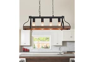 MEIXISUE Rustic Kitchen Island Dining Room Light Fixture Farmhouse Linear Chandelier Black and Retro Wood Finish 4-Light Industrial Metal Hanging Pendant Light UL Listed L28.3 W10.6