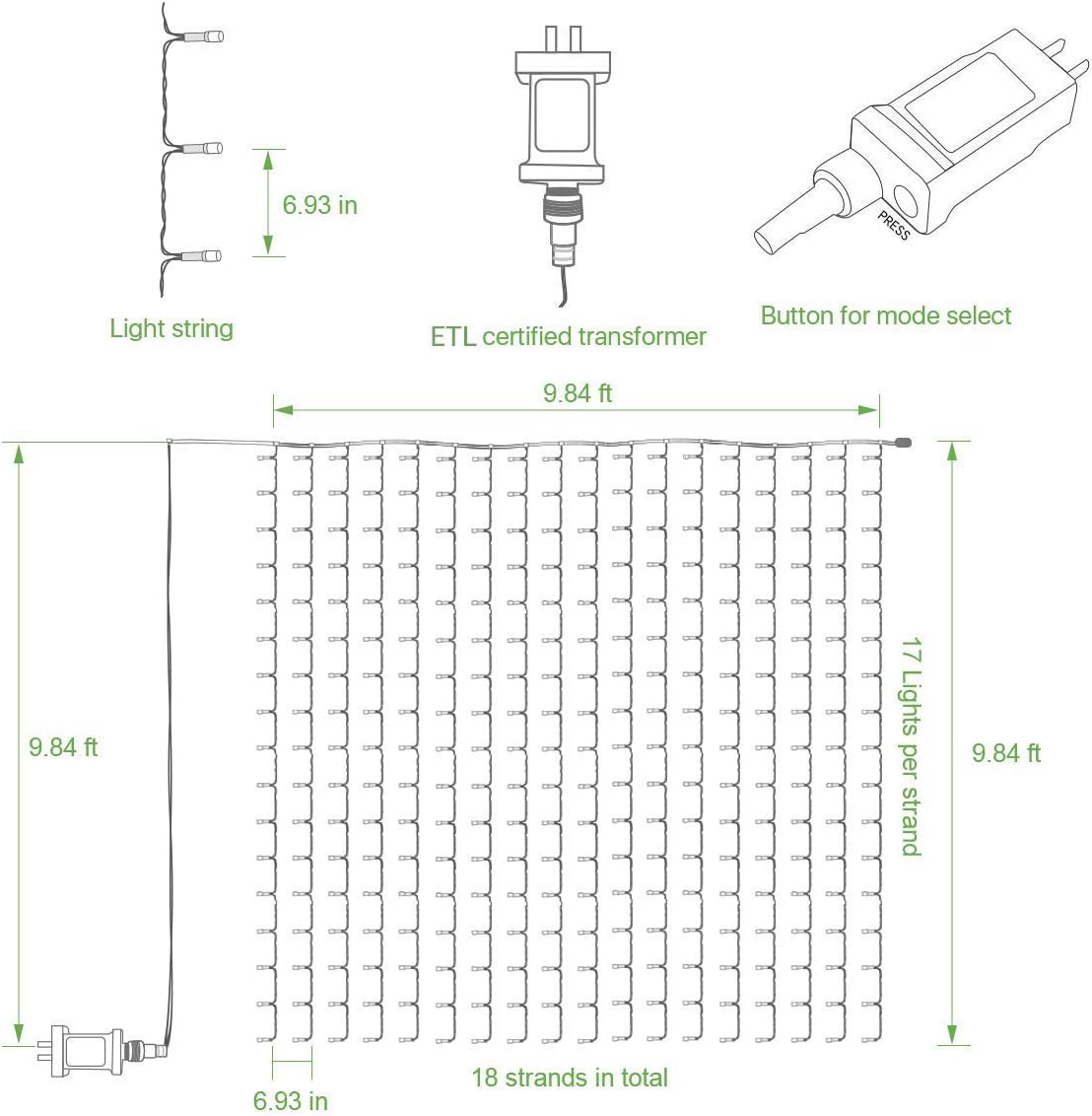 LE 306 LED Curtain Lights 9.8 x 9.8 ft Fairy String Lights for Bedroom Wall Wedding Backdrop Patio Party Garden, Warm White, 8 Modes, Plug in Indoor Outdoor Decorative Window Twinkle Christmas Lights: Home Improvement