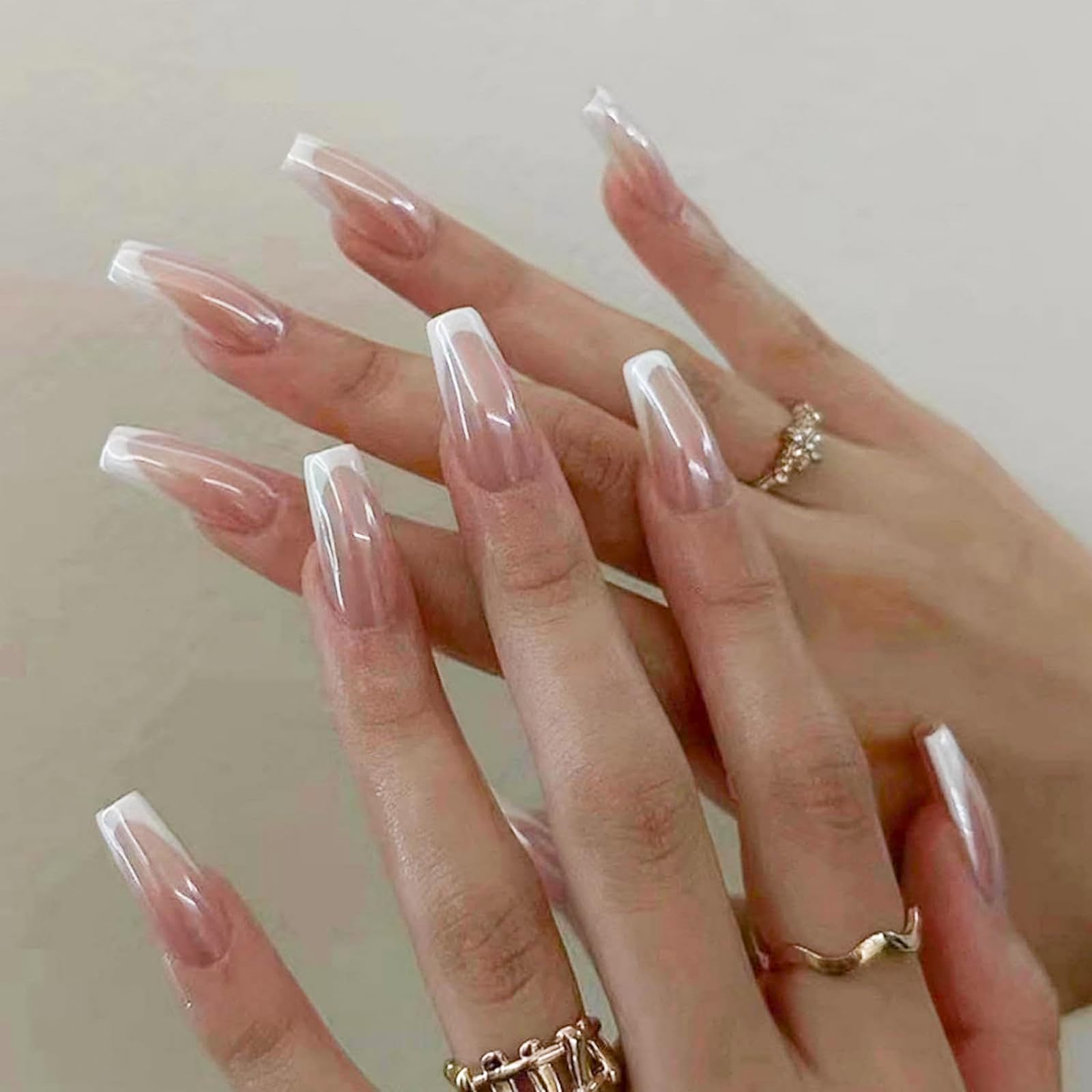 Photo 1 of *MISSING PARTS*
French Tip Press on Nails Coffin Medium Fake Nails Nude False Nails Press ons with Designs Glossy Full Cover White Glue on Nails Acrylic Stick on Nails for Women Manicure Nails Decoration 24Pcs…