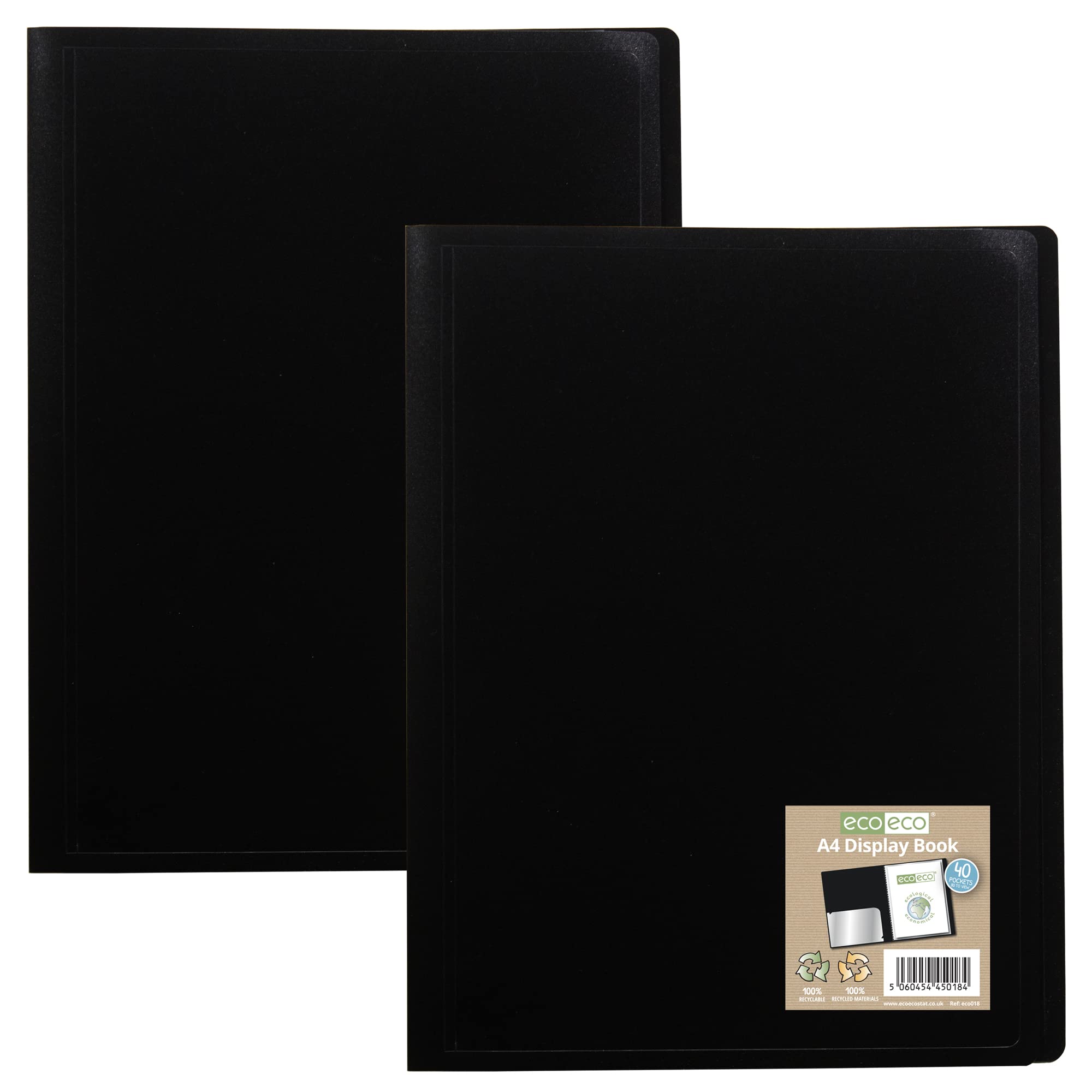 eco-eco A4 100% Recycled 40 Pocket Black Flexible Cover Portfolio Book Folder Display Book, eco018x2, 40 Pockets