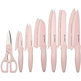 KATISUN Kitchen Knife Set with Guards, 13 Piece Pink Non-Stick Boxed Knives Set, Anti-Rust and Dishwasher Safe, 6 Knives with 6 Blade Covers and Kitchen Shears