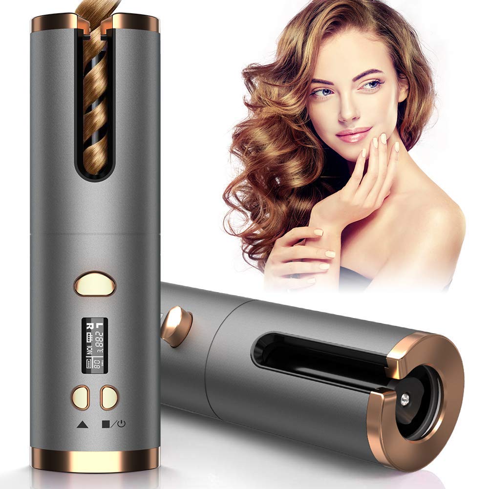 Cordless Hair Curler, Automatic Curling Iron Cordless Curling Tongs 5000mAh USB Rechargeable Negative Ion Protection 6 Adjustable Temperature & Timer PTC Ceramic Hair Curling Anti-Tangle for All Hair