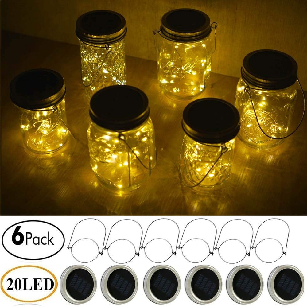 Decorman Solar Mason Jar Lights, 6 Pack Waterproof Fairy Star Firefly Lids String Lights with 6 Hangers for Patio Yard Garden Party Wedding Christmas(Jars Not Included)