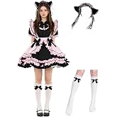 Niyosro Women Pink Black Maid Outfit Anime Cosplay French Maid Costume with Bowknot and Cat Ear Halloween Party Outfits